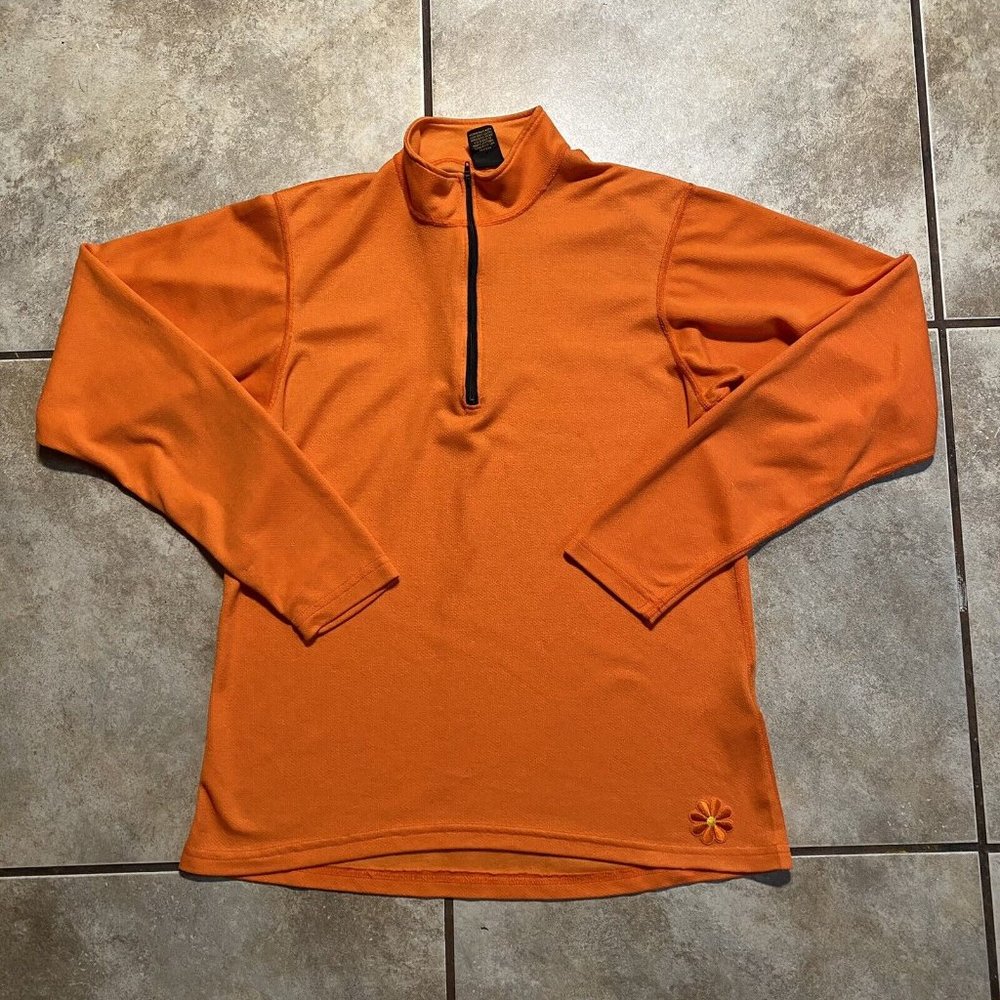 Vintage REI Men's Medium Tall 1/4 Zip Embroidered Flower Orange Sweater Polartec